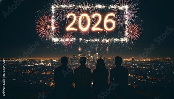 Fototapeta People watching 2026 new year fireworks over cityscape at night