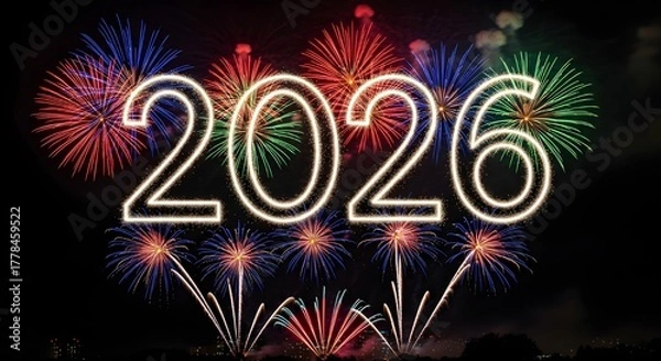 Obraz Happy new year 2026 with colorful fireworks on a dark night sky