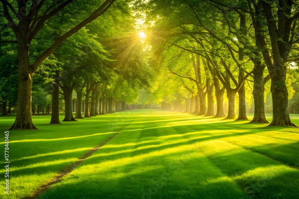Fototapeta Sunlit Avenue of Trees in a Lush Green Park sunlight