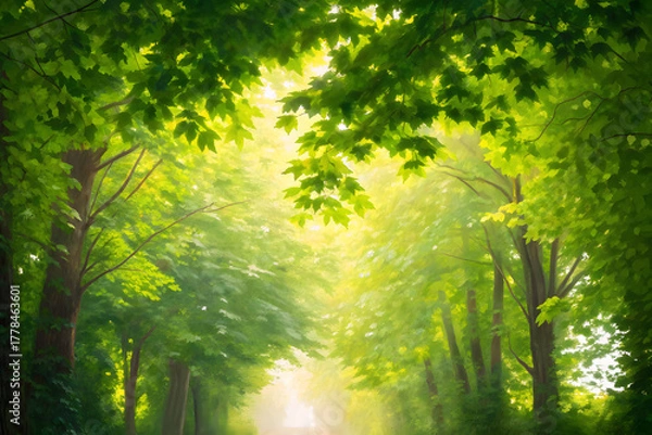 Fototapeta Sunlit Forest Path with Lush Green Foliage sunlight