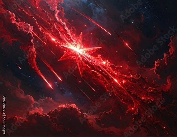 Fototapeta Crimson starburst with streaks of light through dark cloudscape