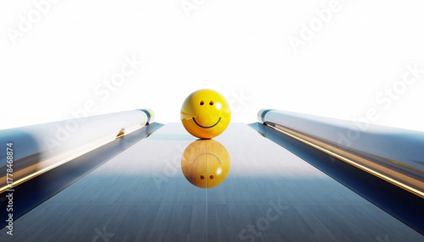 Obraz Single yellow emoji bowling ball with a subtle smile placed at the start of a sleek, reflective lane under soft spotlight. Clean composition, white background — ideal for creative design mockups 