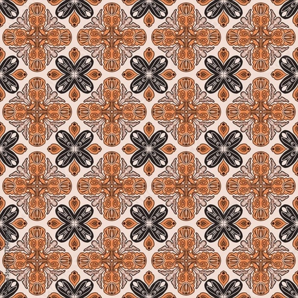 Fototapeta seamless pattern with floral ornament,brown, orange, black curves ,painted create to flowershape, leaves, brown background in geometric patterns as sarong,fabric,tile,printed fabric,batik,tablecloth 