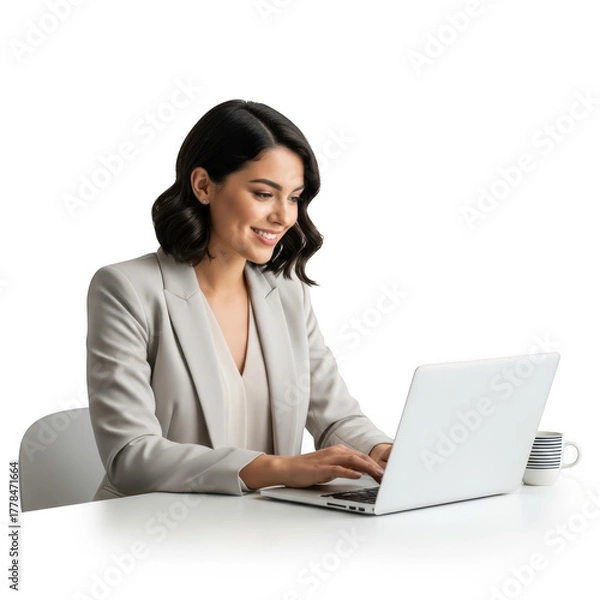 Fototapeta Smiling businesswoman working on a laptop isolated on transparent background