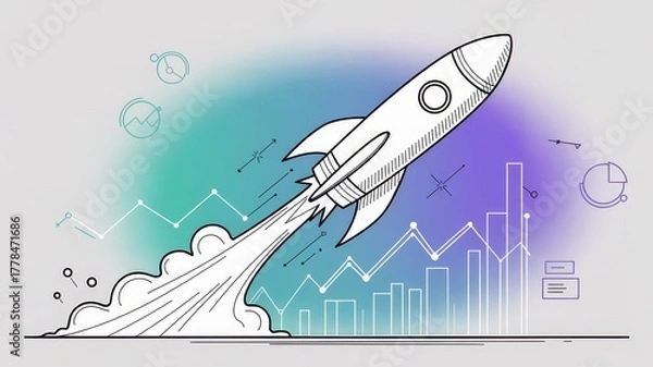 Fototapeta Rocket Launch Illustration with Analytics and Growth Background