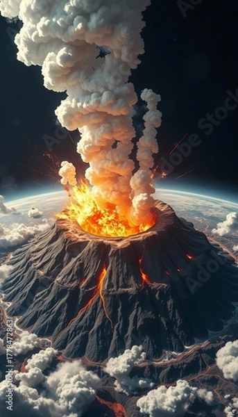 Fototapeta Exploded earth with craters and smoke billowing upwards, earth damage,  impact