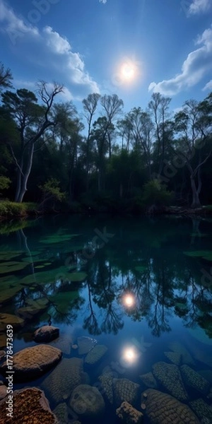 Fototapeta Crystal clear pond reflecting a moonlit sky and surrounding ancient trees, hints of magic,  moonlight,  reflection