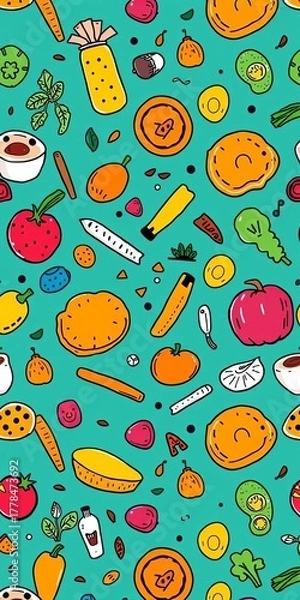 Fototapeta food patterns, doodles, illustrations, colorful, stylized, ingredients, cooking, kitchen, graphic, creative, abstract, decorative, unique, fun, cheerful, bright, design,  cheerful,  decorative