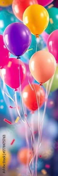 Fototapeta Festive balloons float and dance against a vibrant, blurred background, suggesting celebration and joy,  dynamic,  birthday