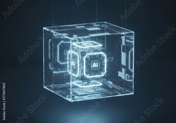 Fototapeta Digital blue concept blueprint of a Transparent holographic cube containing AI core on a black background