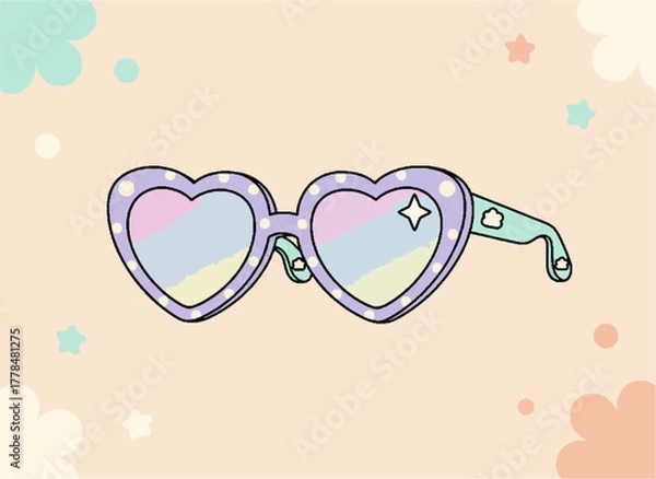 Fototapeta Playful vector illustration of cute purple heart-shaped sunglasses with polka dots and pastel reflective lenses on a dreamy background