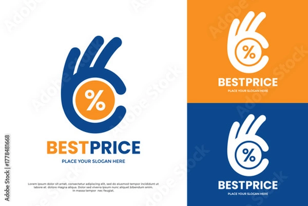 Fototapeta Best Price logo template. A hand 'OK' gesture combined with a percentage symbol. Ideal for sales, discounts, retail promotions, quality guarantees, and finance apps.