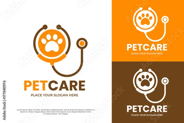 Fototapeta Pet Care logo template. A stethoscope forming a heart shape around a paw print. Ideal for a veterinary clinic, animal hospital, or pet health brand.