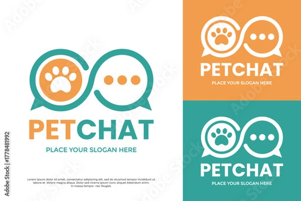 Fototapeta Pet chat logo design template. A paw print inside a speech bubble, symbolizing animal communication, vet forums, or a pet social app. Modern and simple.