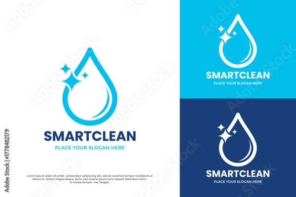 Fototapeta Smart clean service logo template. Great for cleaning services, laundry, hygiene products, and technology solutions. Water drop symbol with sparkle effect. Editable vector.