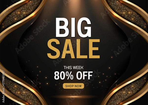 Obraz Big sale 80 percent off, elegant luxury black gold abstract background, glowing dots and curves, banner design for product branding, department store promotions, advertising template.