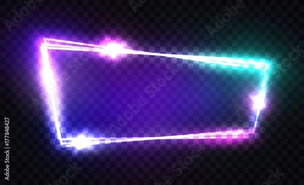 Fototapeta Night Club Neon Sign. Blank 3d Retro Light Signboard With Shining Neon Effect. Techno Frame With Glowing On Transparent Backdrop. Electric Street Banner Design. Colorful Vector Illustration. 80s Style