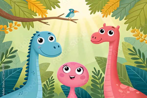 Fototapeta Three friendly cartoon dinosaurs in a lush green environment Keywords: dinosaurs, cartoon