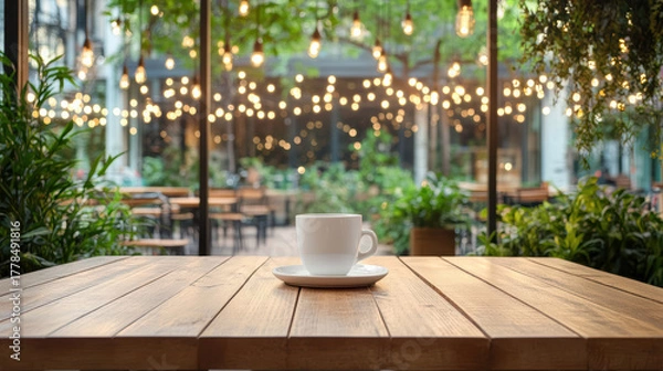 Fototapeta Serene coffee scene with white cup on wooden table, surrounded by lush greenery and warm lights
