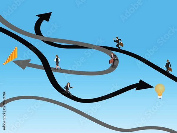 Obraz Isometric Business People Racing on Intertwined Arrow Paths Towards Goals 3d vector illustration