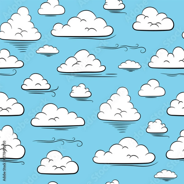 Obraz Cloudy sky seamless pattern. Color Hand Drawn Clouds. Sky Elements on Blue Background. Print for packaging, fabric, wallpaper and other surfaces