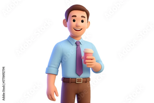 Fototapeta 3D illustration of a male office worker holding a coffee cup