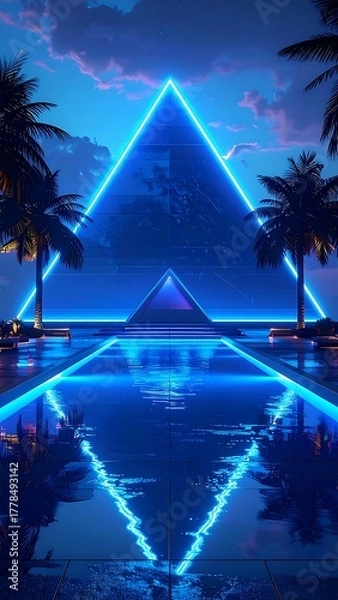 Fototapeta Illuminated pyramid reflects in neon-lit pool at dusk