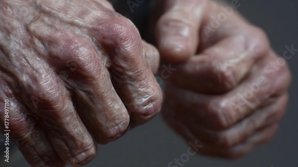 Fototapeta Elderly fingers and wrists show bone deformation and skin folds.