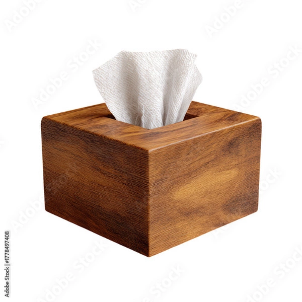 Fototapeta A wooden cube tissue box with visible grain, holding a stack of white facial tissues