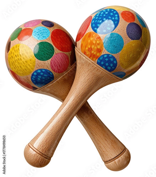 Fototapeta Two colorful, crossed percussion instruments with wooden handles and patterned, dot-covered spheres