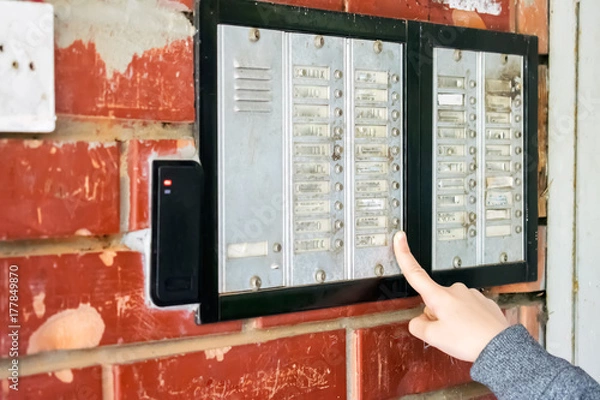 Fototapeta Young girl talking on the intercom and presses the button