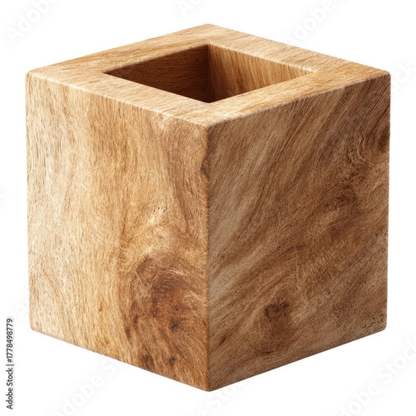 Fototapeta A square, wooden block with a hollowed-out top, featuring detailed wood grain