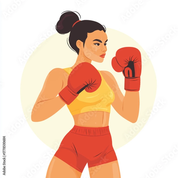 Obraz Female boxer ready to fight with red gloves and shorts