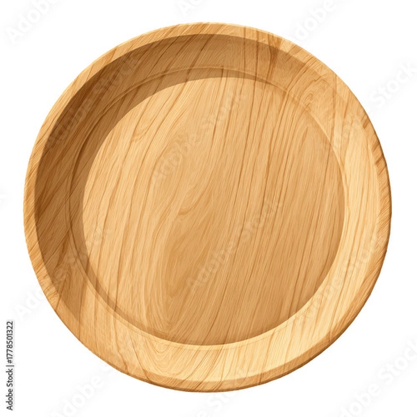 Fototapeta A round, wooden plate seen from directly above, with a slightly raised rim and realistic wood grain texture