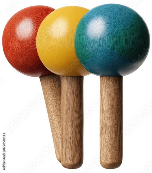 Fototapeta Three wooden-handled objects, each with a brightly colored sphere on top, stand together