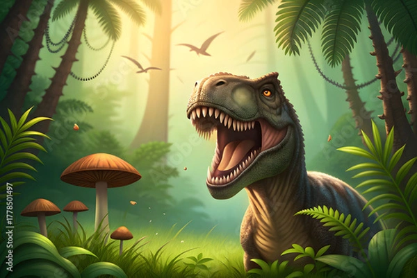 Fototapeta Tyrannosaurus Rex Roaring in Lush Prehistoric Jungle