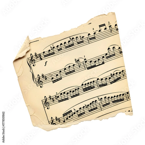 Obraz A torn piece of antique sheet music with musical notes and staves isolated on transparent background