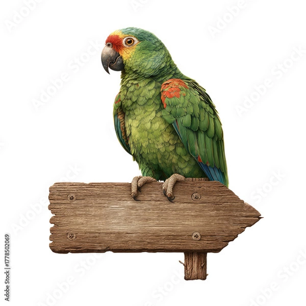 Fototapeta Detailed illustration of a parrot with vibrant feathers perched on a weathered wooden sign, isolated