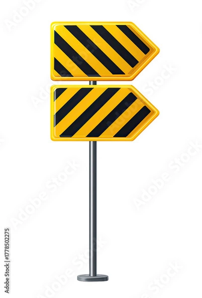 Fototapeta A detailed cartoon of a road sign with yellow and black diagonal stripes, pointing right