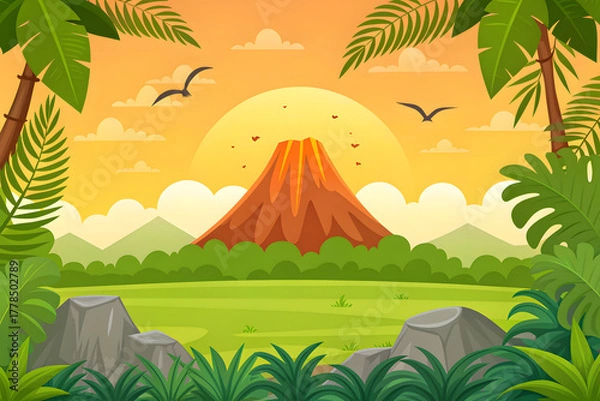 Fototapeta Volcano Eruption in a Lush Prehistoric Jungle landscape