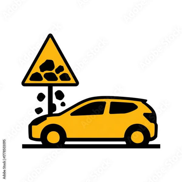 Fototapeta A yellow car silhouette below a yellow triangular sign with falling rocks