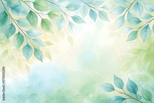 Fototapeta Watercolor Spring Branches With Green and Blue Leaves