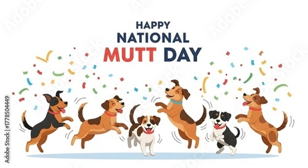 Obraz Happy National Mutt Day Celebration with Playful Cartoon Dogs and Colorful Confetti