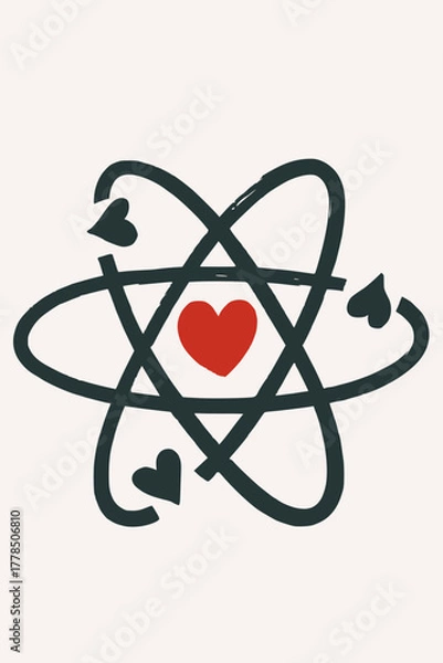 Obraz Love atom vector icon, hand-drawn illustration of atomic symbol with heart nucleus. Science of love and chemistry concept.