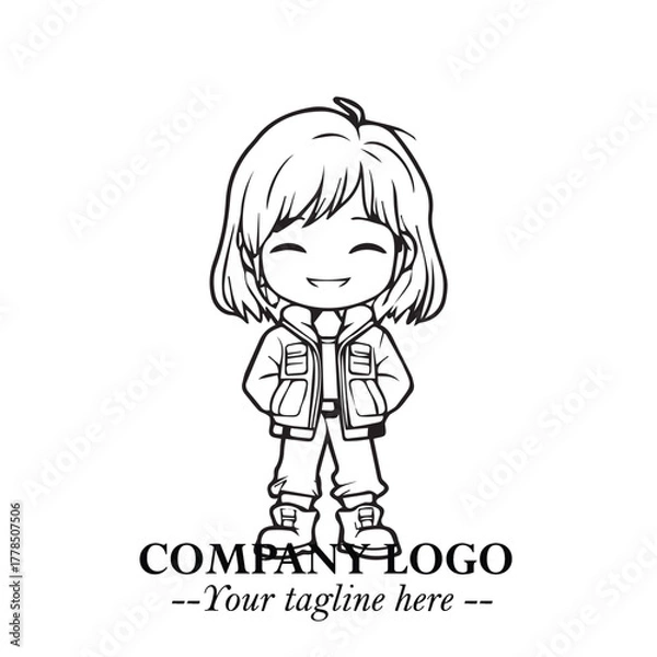 Fototapeta Black and White Chibi Girl Standing in Jacket, Pants, and Boots. Simple Bold Vector Illustration