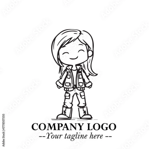 Fototapeta Black and White Chibi Girl Standing in Jacket, Pants, and Boots. Simple Bold Vector Illustration