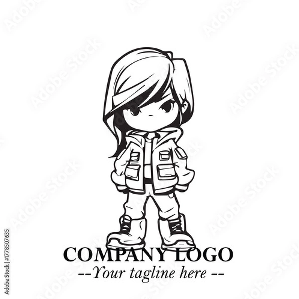 Fototapeta Black and White Chibi Girl Standing in Jacket, Pants, and Boots. Simple Bold Vector Illustration