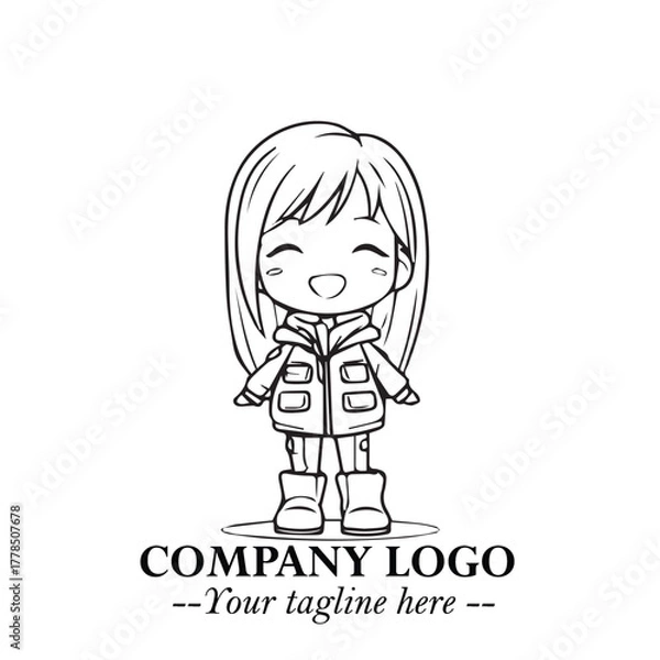 Obraz Black and White Chibi Girl Standing in Jacket, Pants, and Boots. Simple Bold Vector Illustration