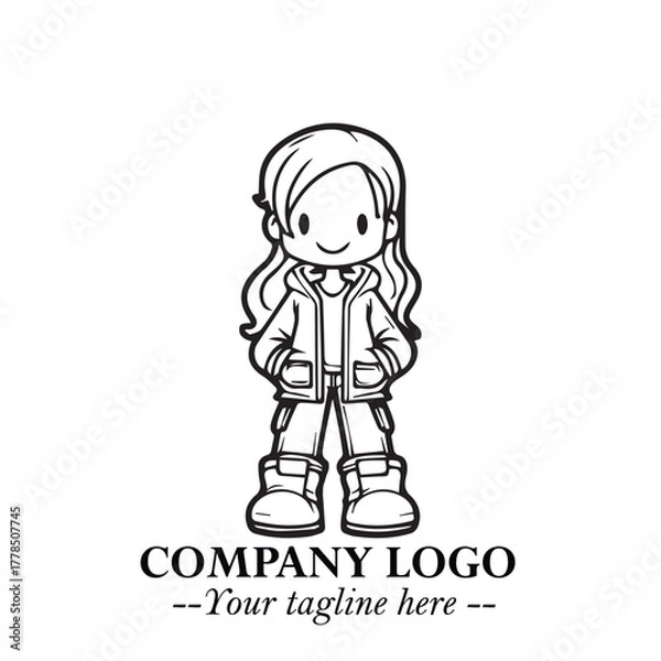 Obraz Black and White Chibi Girl Standing in Jacket, Pants, and Boots. Simple Bold Vector Illustration