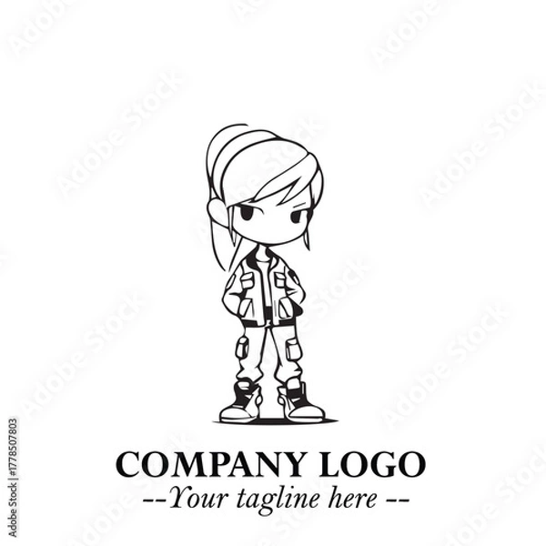 Obraz Black and White Chibi Girl Standing in Jacket, Pants, and Boots. Simple Bold Vector Illustration